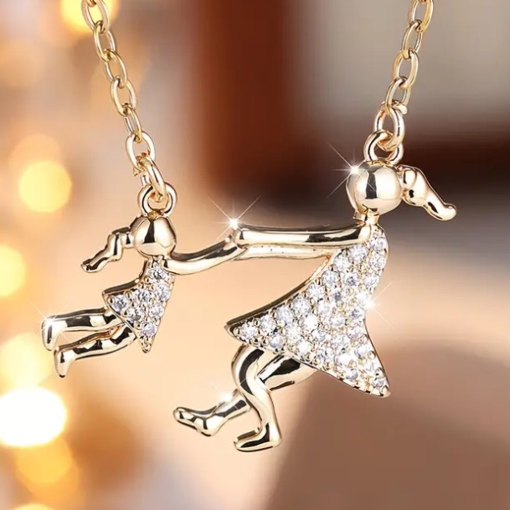 Elegant Gold & Rhinestone Mother-Daughter Pendant & Chain